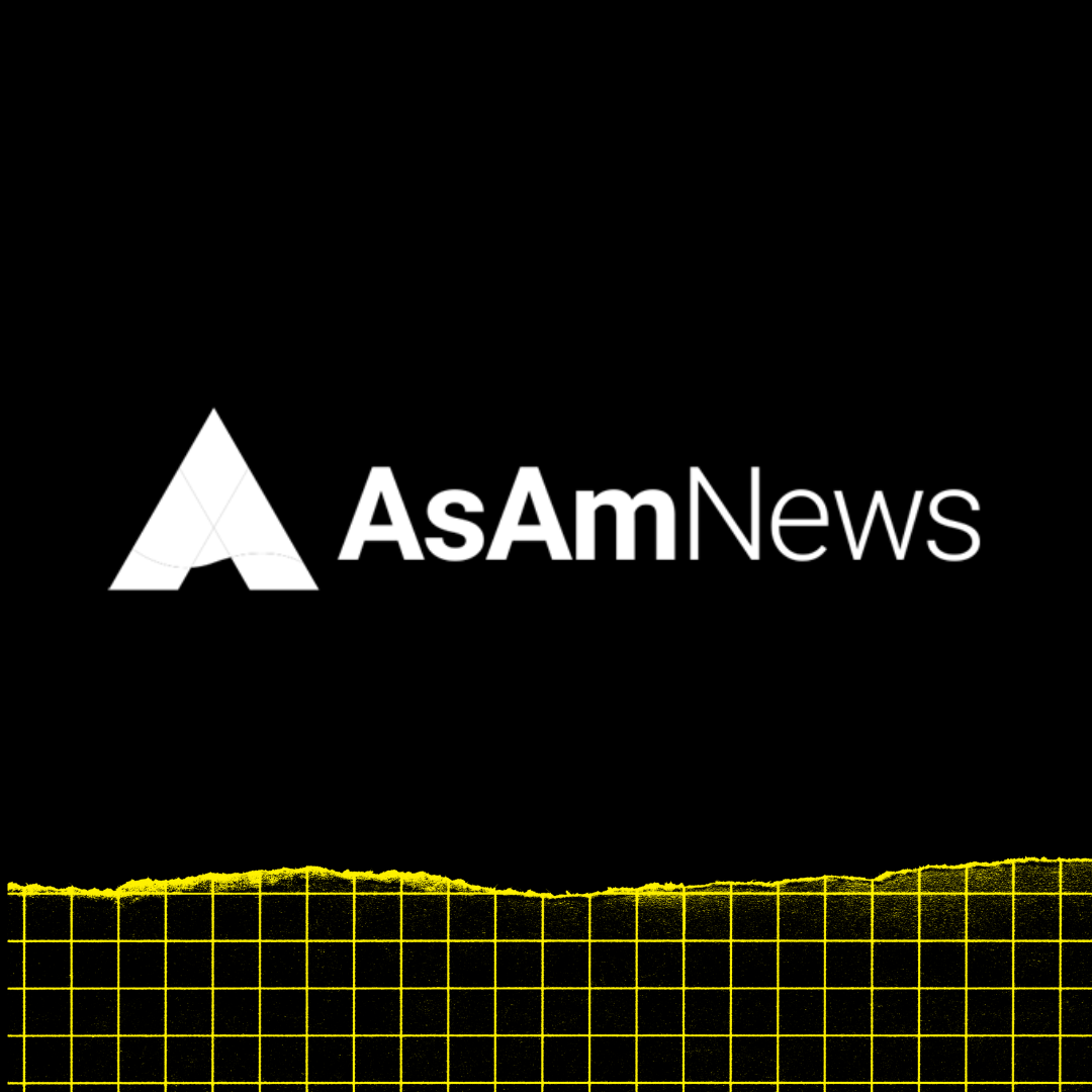 AsAm News logo on black background with yellow grid at the bottom