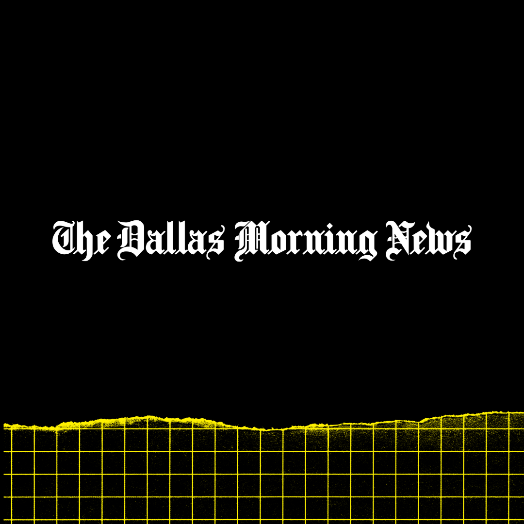 Dallas Morning News logo on black background with yellow grid at the bottom