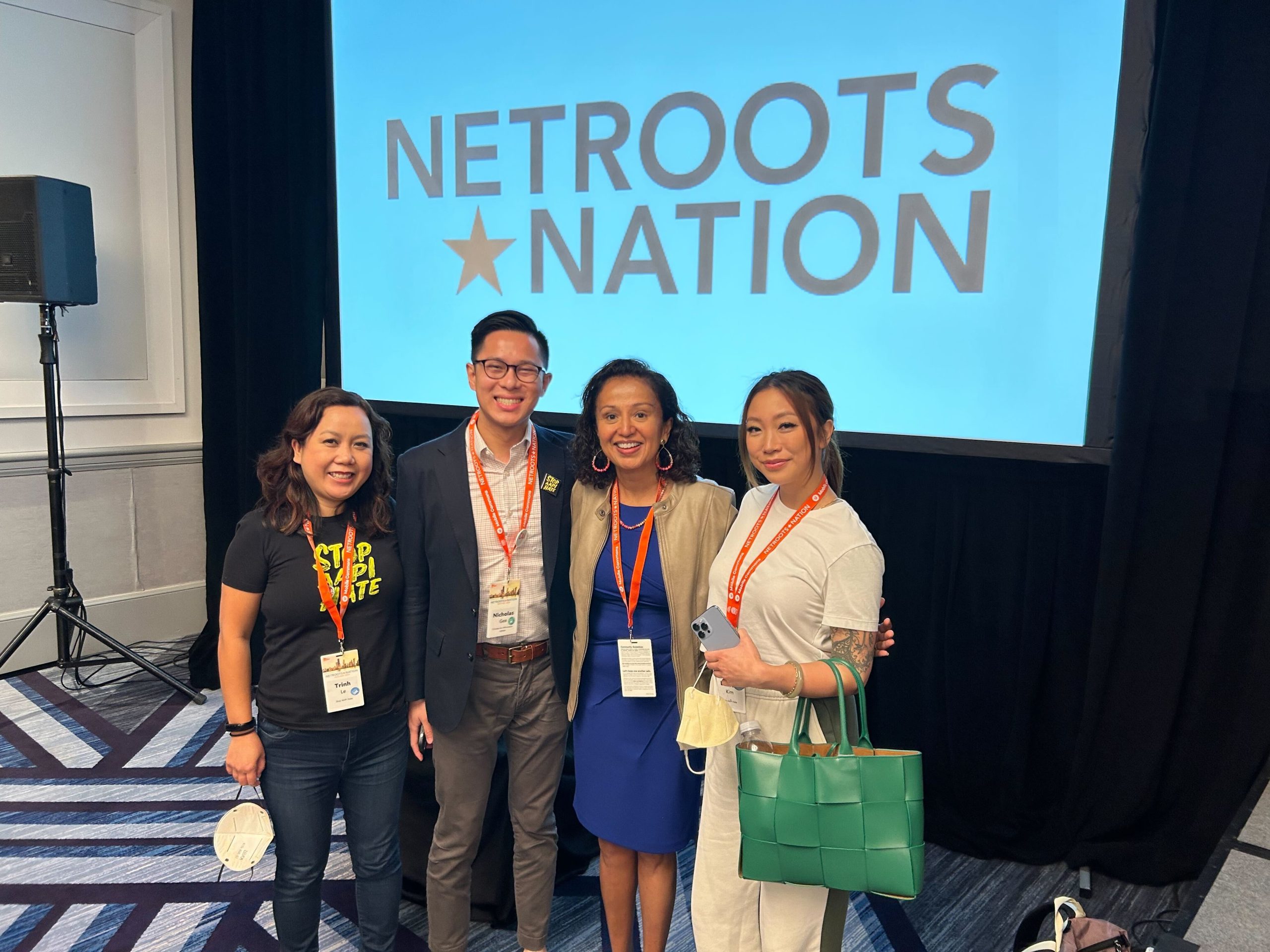 Stop AAPI Hate team members gather at the 2023 Netroots Nation conference in Chicago, Illinois.