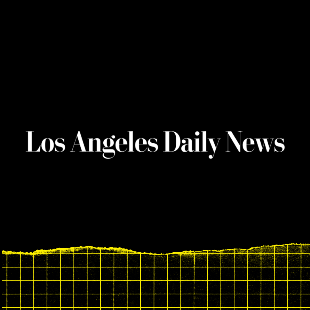 Los Angeles Daily News logo on black background with yellow grid at the bottom