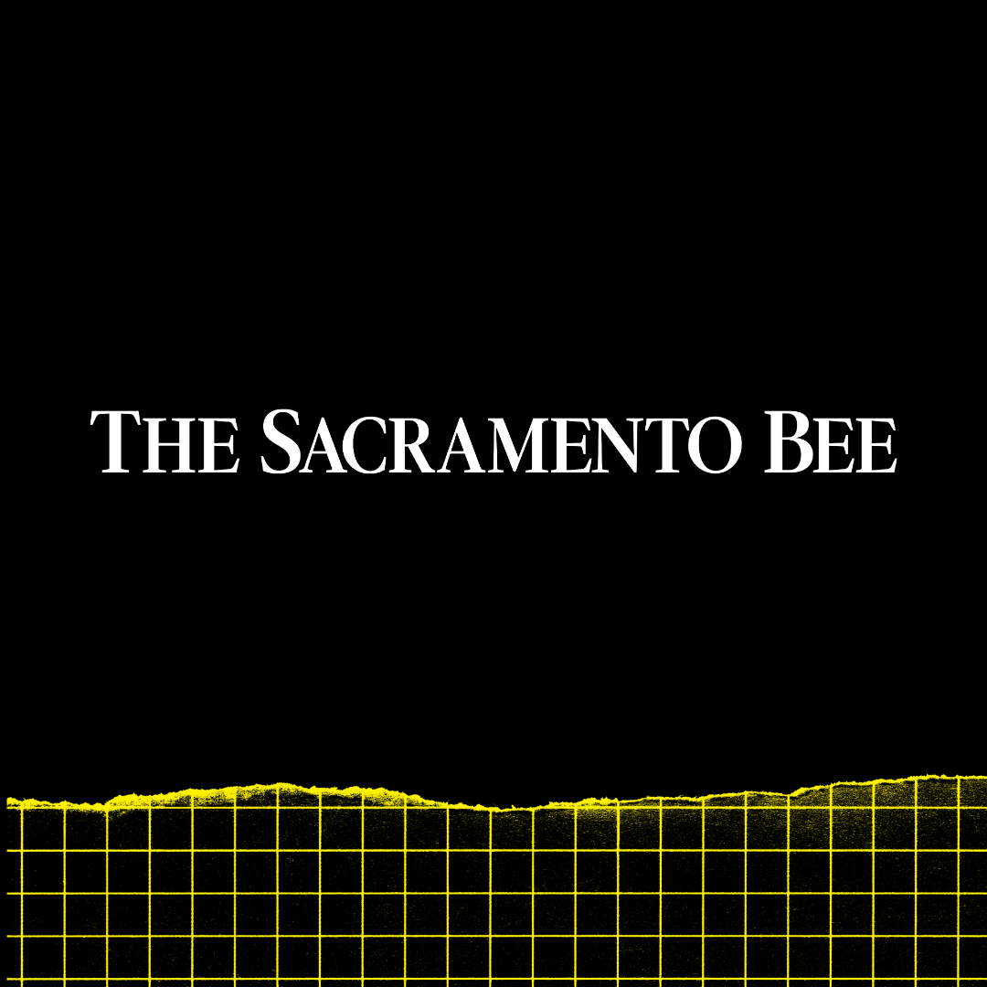 Sacramento Bee logo on black background with yellow grid at the bottom