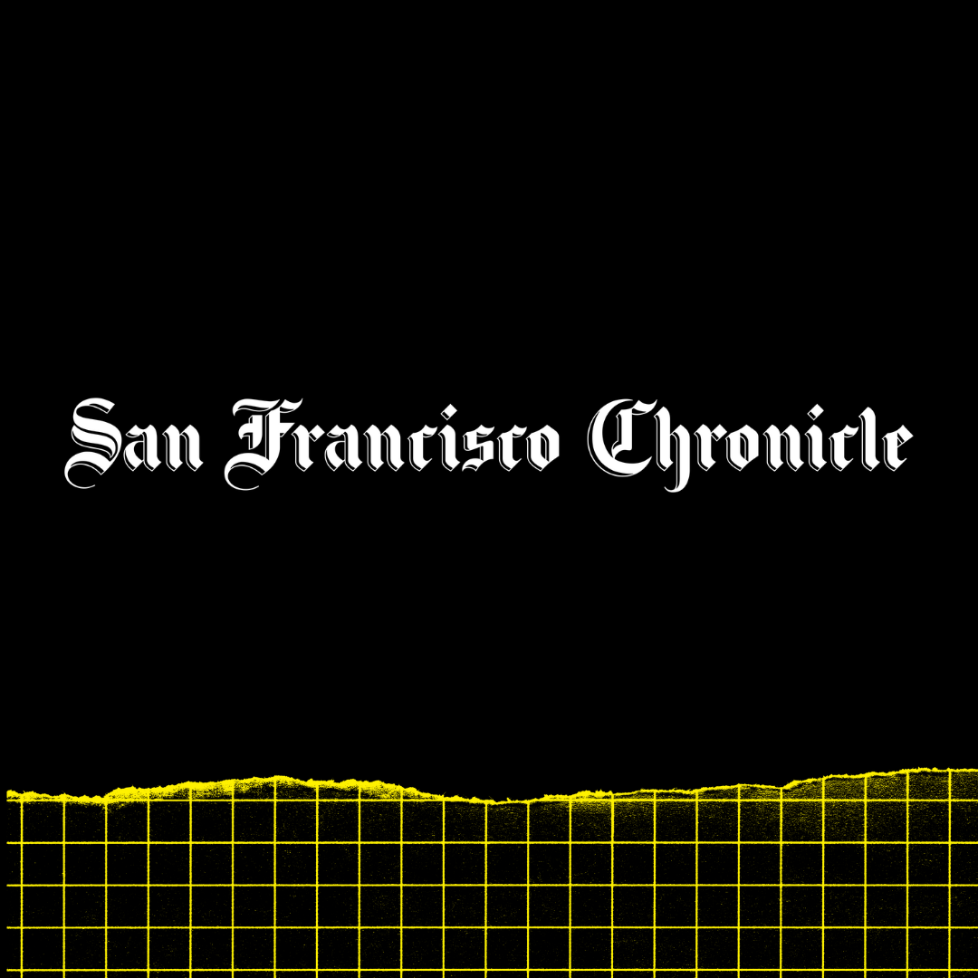 San Francisco Chronicle logo on black background with yellow grid at the bottom