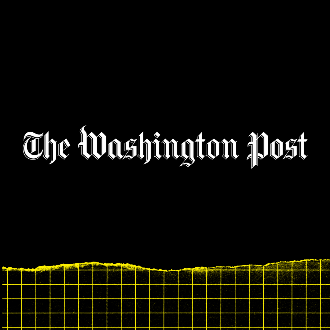 Washington Post logo on black background with yellow grid at the bottom