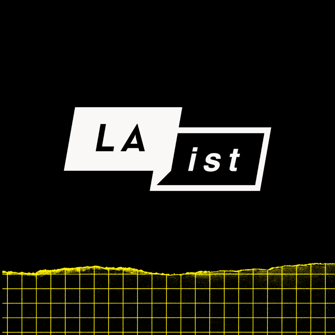 LAist logo on black background with yellow grid at the bottom