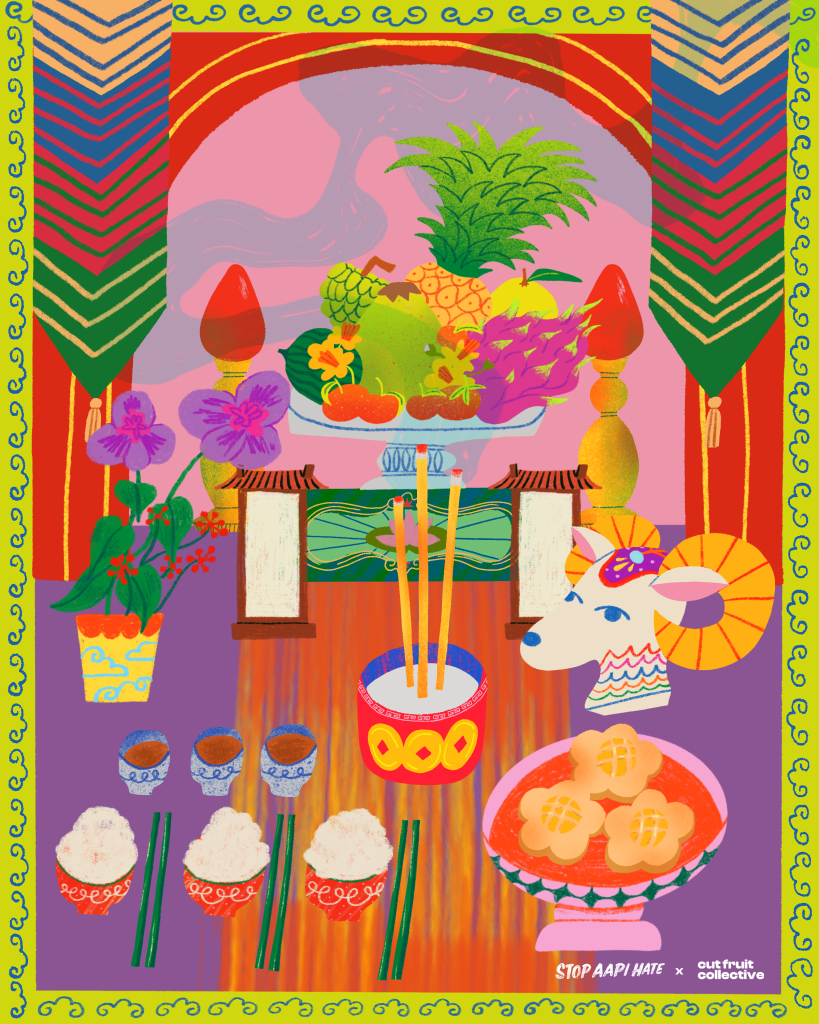 Designed illustration of an altar featuring multiple Asian artifacts. On the bottom right corner is text that reads "Stop AAPI Hate x Cut Fruit Collective."