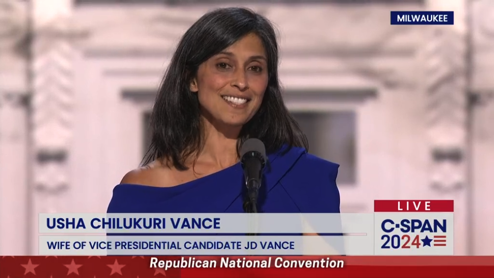 Screenshot from C-SPAN broadcast of the Republican National Convention of Usha Chilukuri Vance, Wife of Vice Presidential Candidate JD Vance.